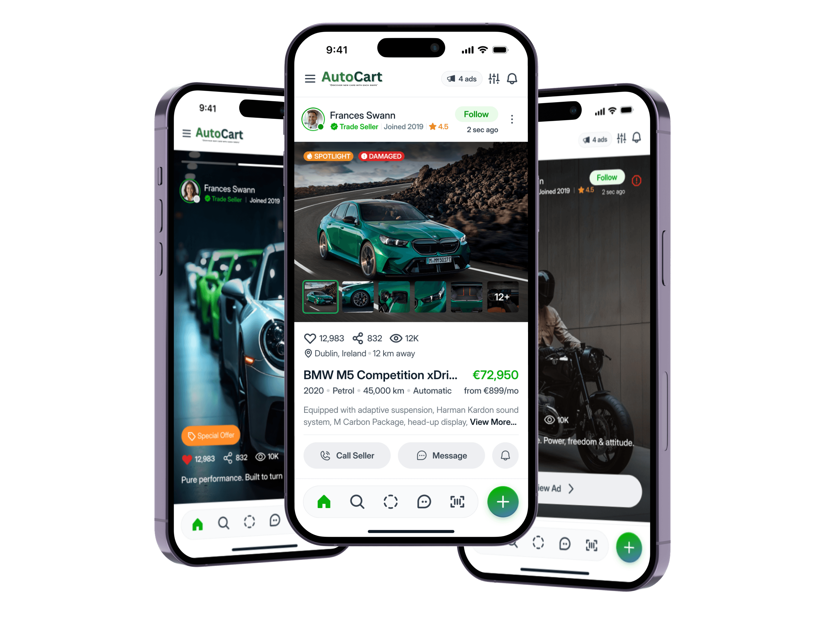 The AutoCart app shown on three phones: a vehicle listing, the swipe feed and a story