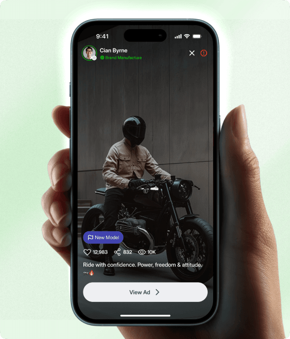 A Brand Manufacturer story in the AutoCart app showing a motorbike listing