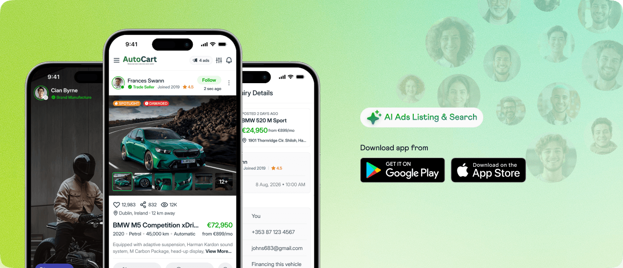 AutoCart shown on three phones alongside a grid of buyer and seller portraits